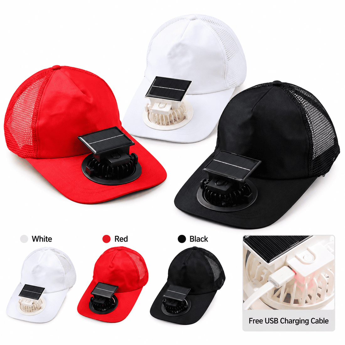Solar powered fan cap with 3-speed cooling fan in white red and black
