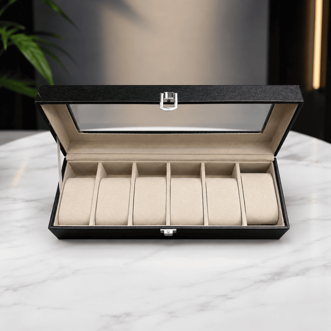 Black 6 slot watch storage box with transparent glass top and secure lock