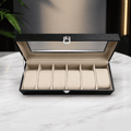 Black 6 slot watch storage box with transparent glass top and secure lock
