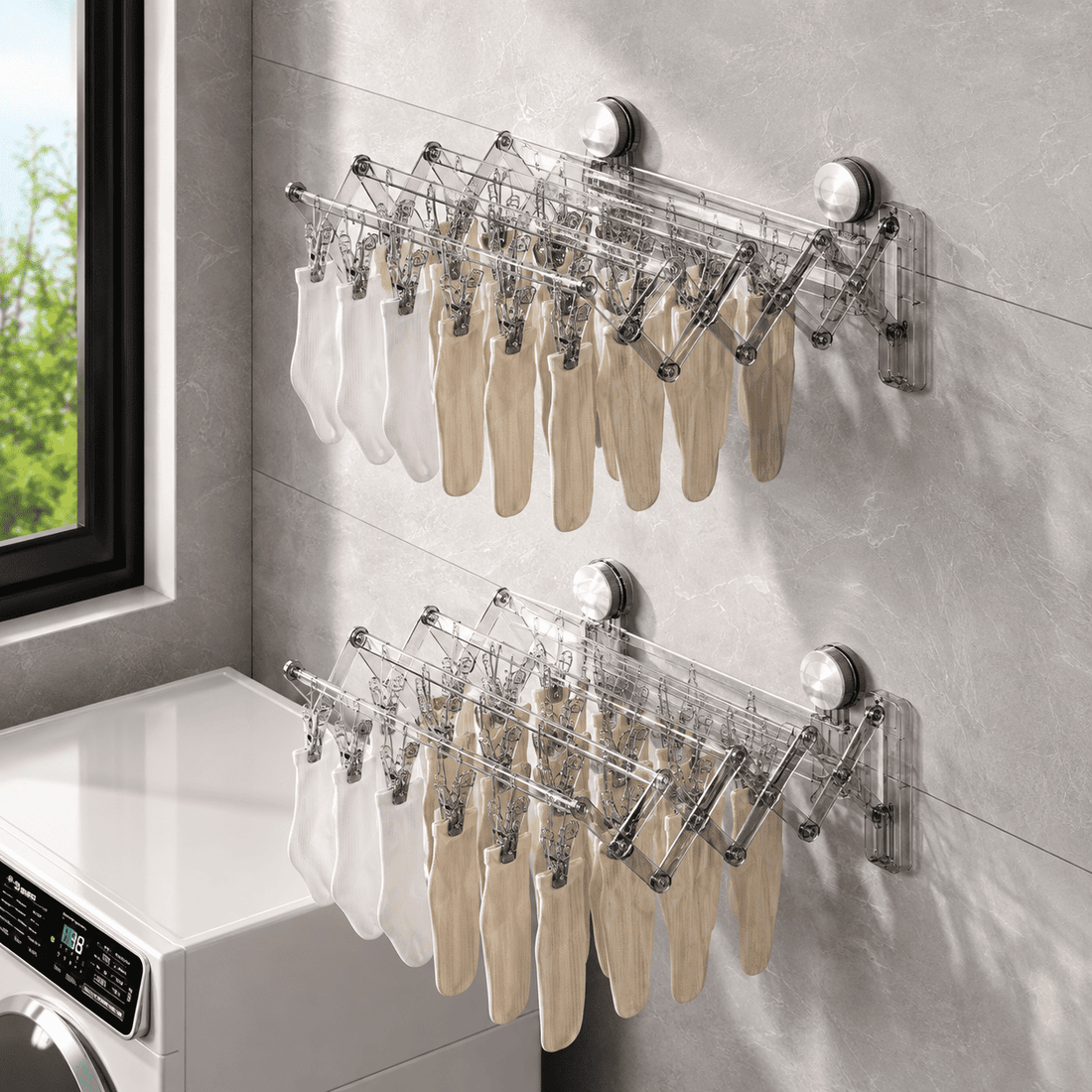 Foldable Clothes Drying Rack with Clips | Space Saving Wall Mounted Laundry Rack