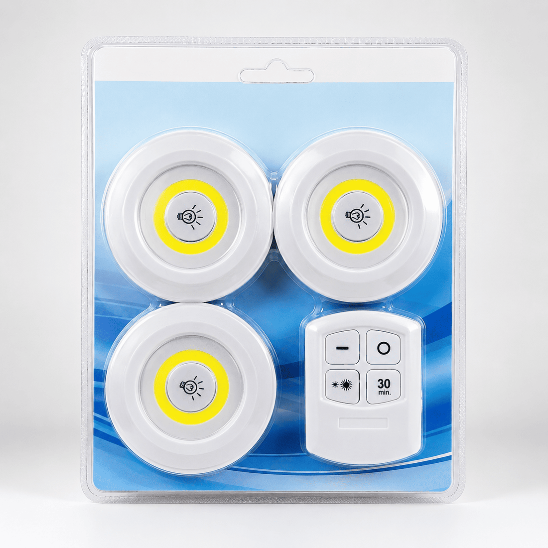 3 pack wireless tap LED lights with remote control for cabinets and wardrobes