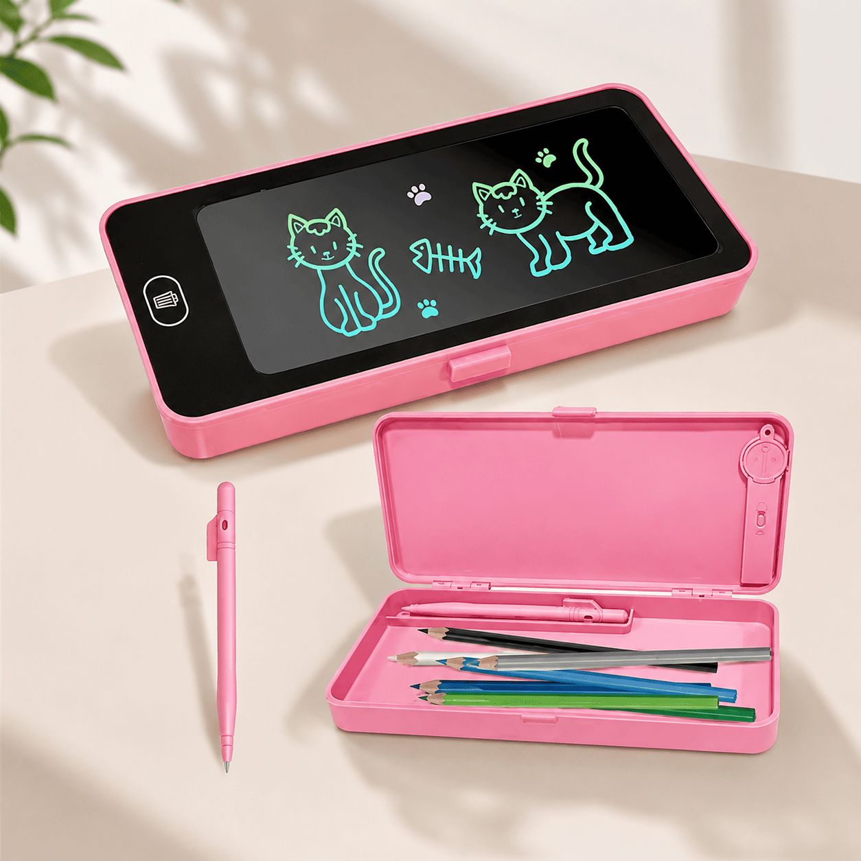 Kids pencil box with LCD writing tablet and stylus for writing and drawing