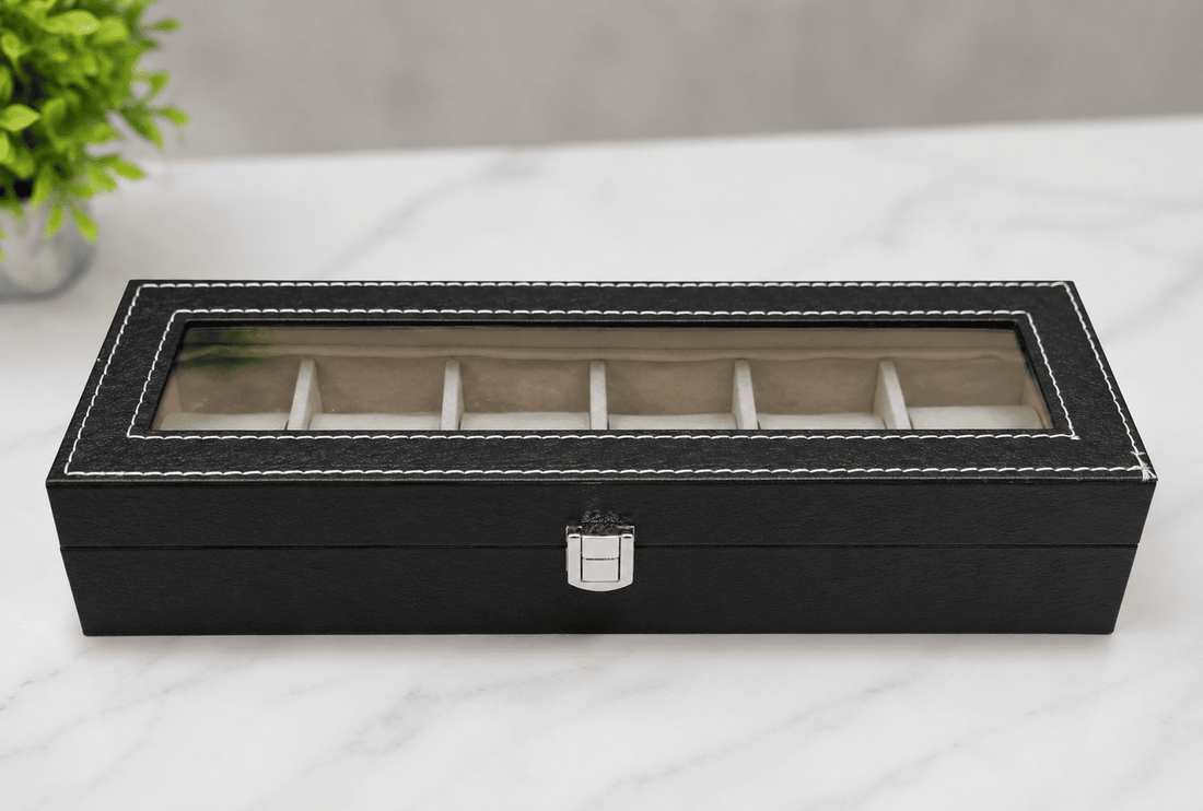 Black 6 slot watch storage box with transparent glass top and secure lock