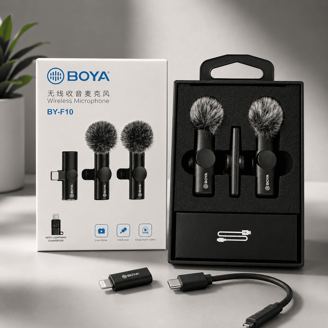 BOYA BY F10 Wireless Lavalier Microphone 2.4GHz Noise Cancelling Mic for Android & USB C Devices