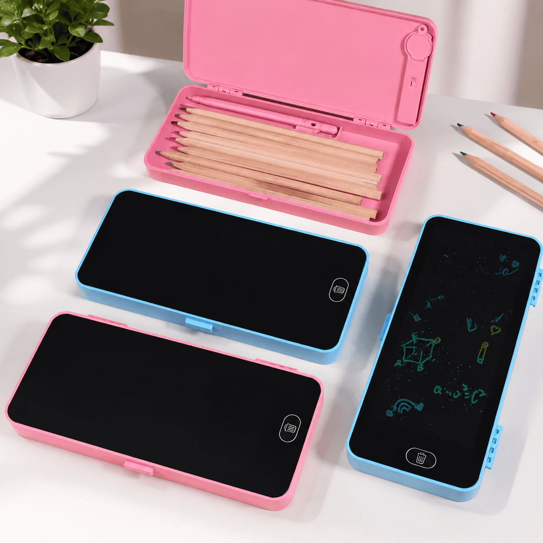 Kids pencil box with LCD writing tablet and stylus for writing and drawing