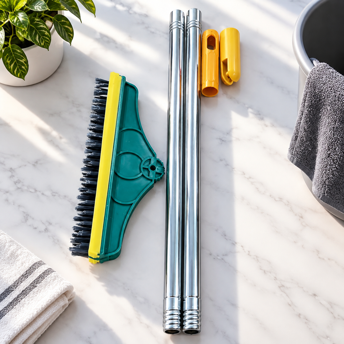 2-in-1 floor scrub brush and squeegee with long handle for bathroom and tile cleaning
