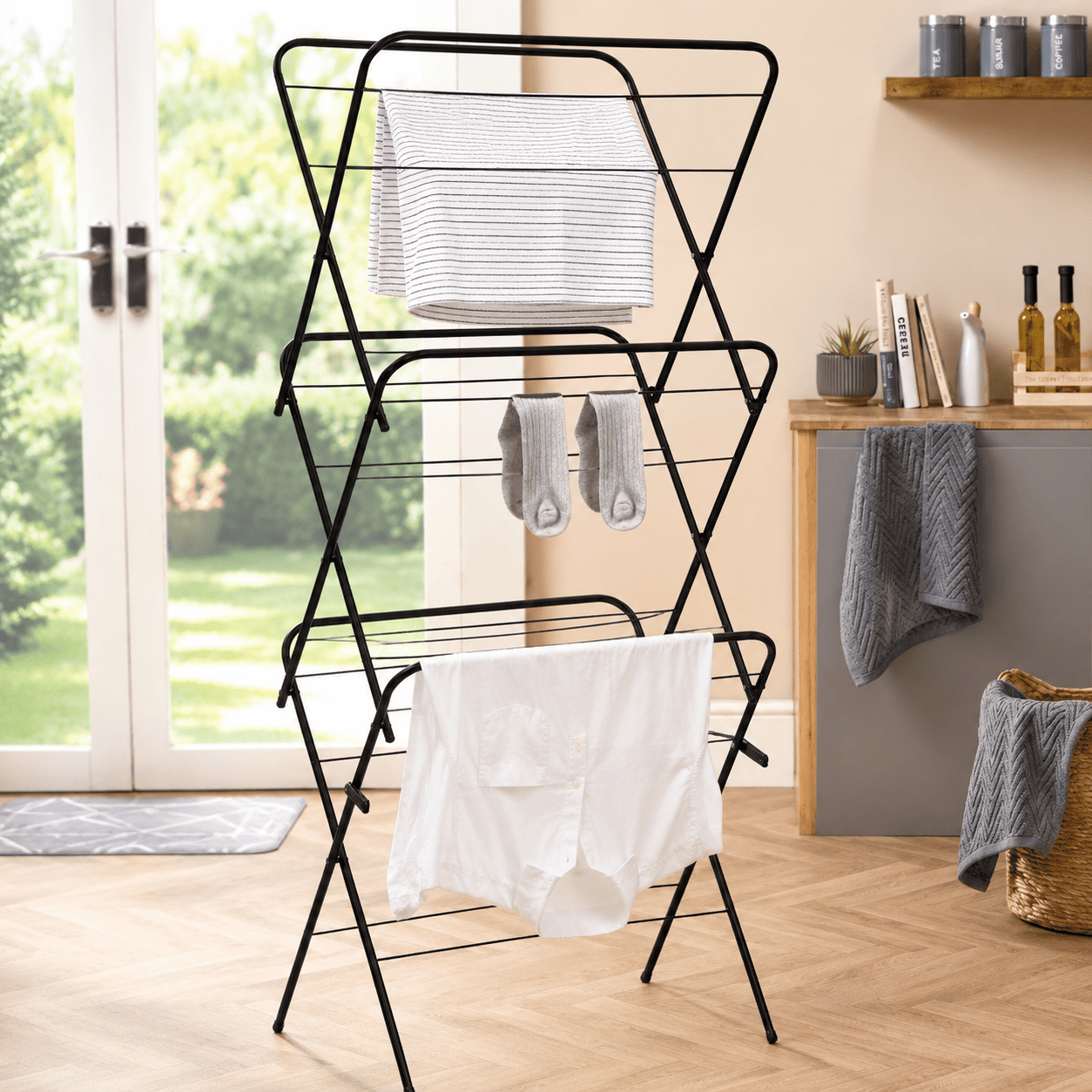 space-saving laundry drying rack for clothes and towels