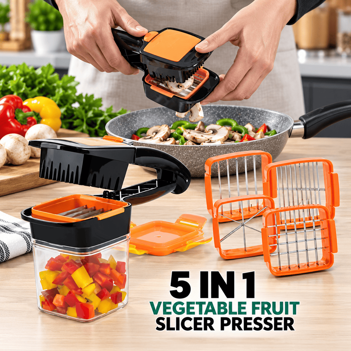 Multifunctional fruit and vegetable cutter with food collection container