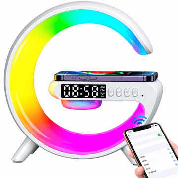 4 in 1 Wireless Charging Lamp with Alarm Clock & Bluetooth Speaker | RGB Bedside Night Light