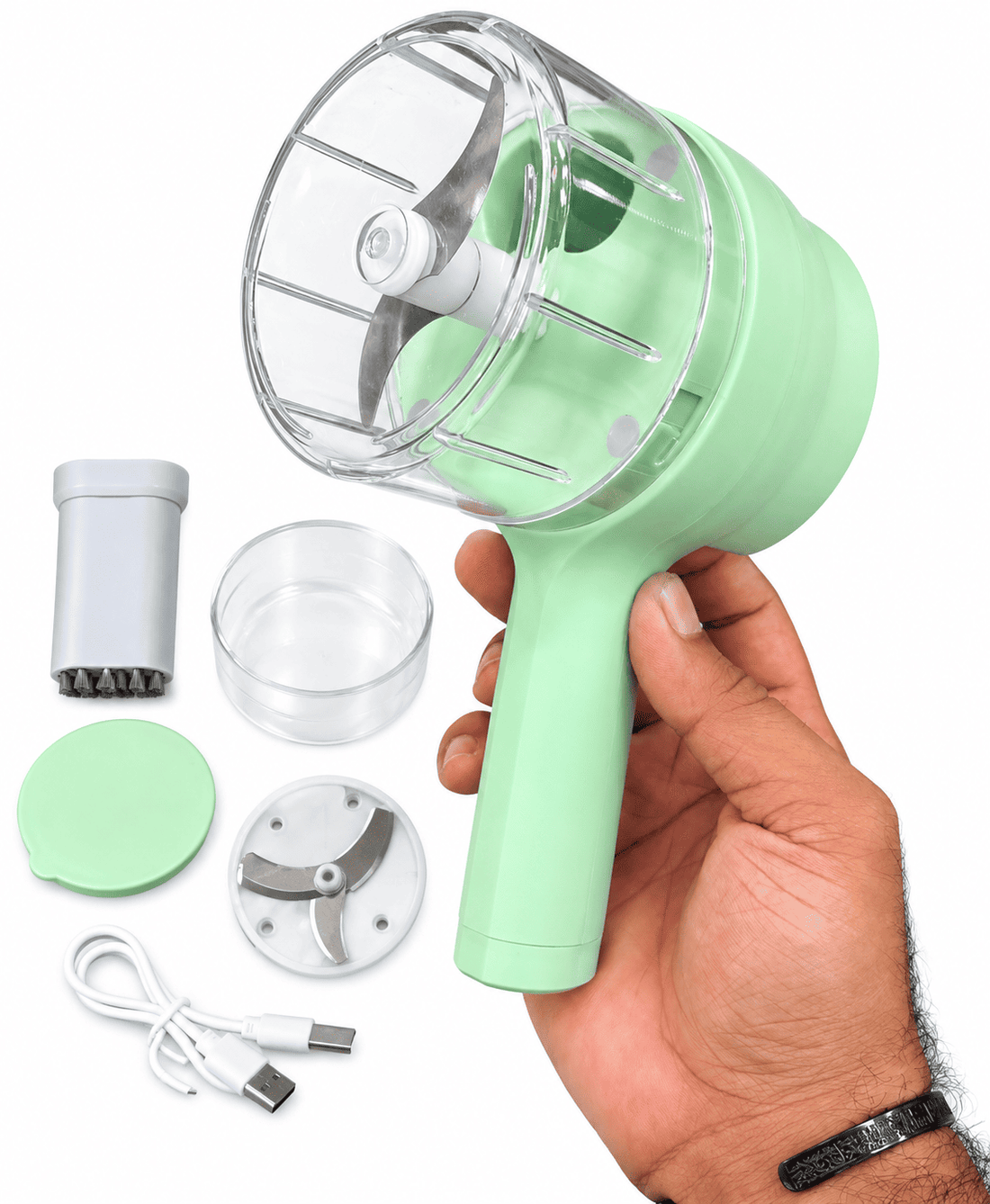 Rechargeable electric food chopper with chopping blade, container and USB charging cable