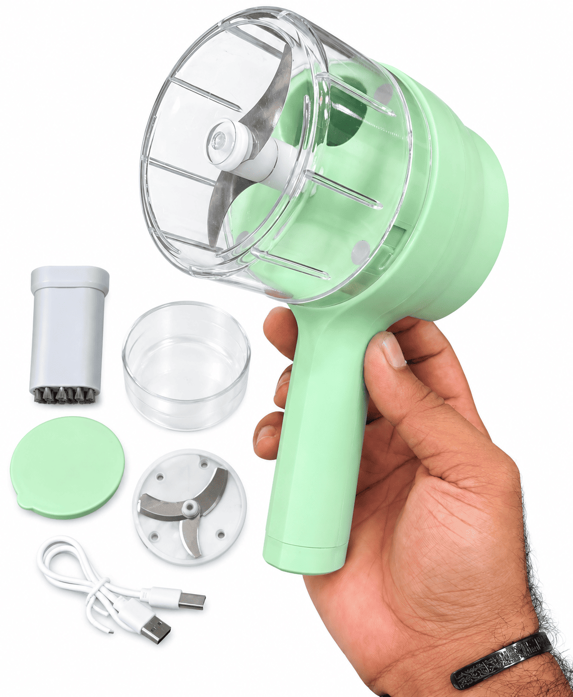 Rechargeable electric food chopper with chopping blade, container and USB charging cable
