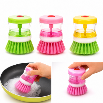 Liquid dish cleaning brush with built-in soap dispenser for kitchen dishwashing