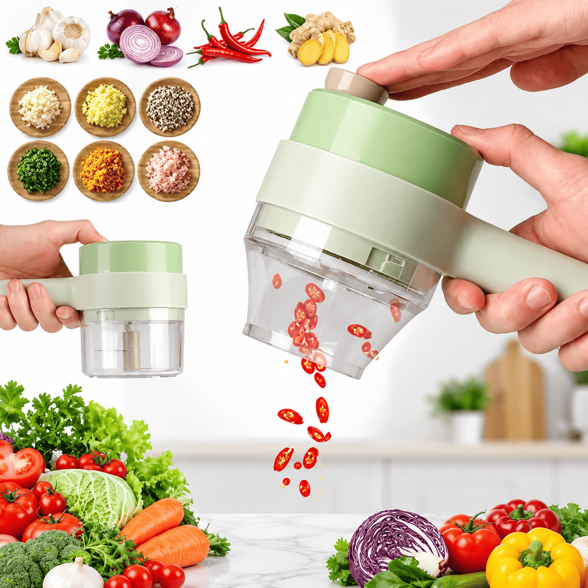 Rechargeable electric food chopper for chopping onions, garlic, vegetables and herbs